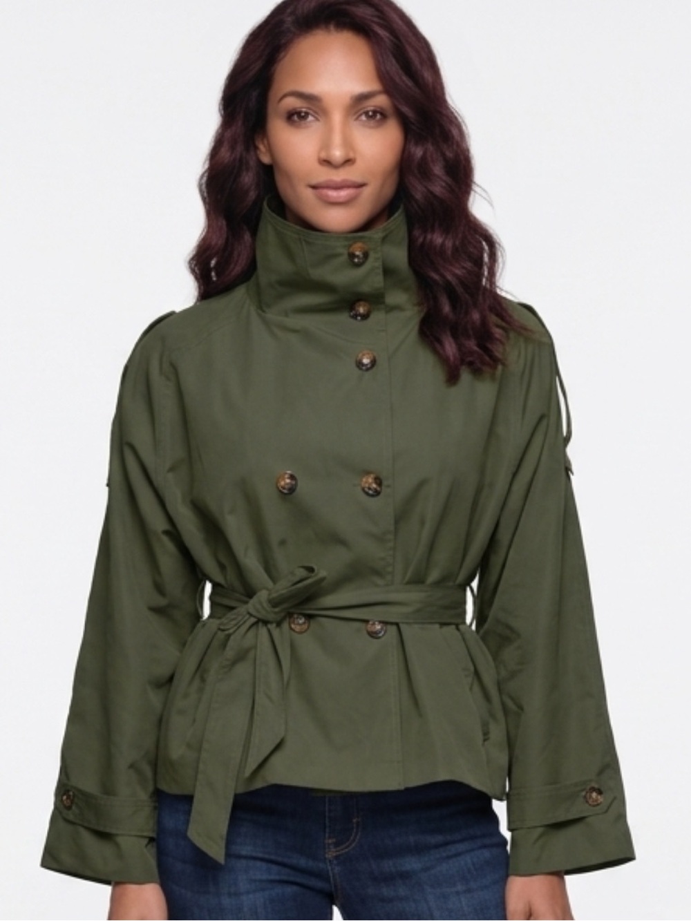 Funnel Neck Olive Green Women's Belted Military Trench Jacket NEW Large